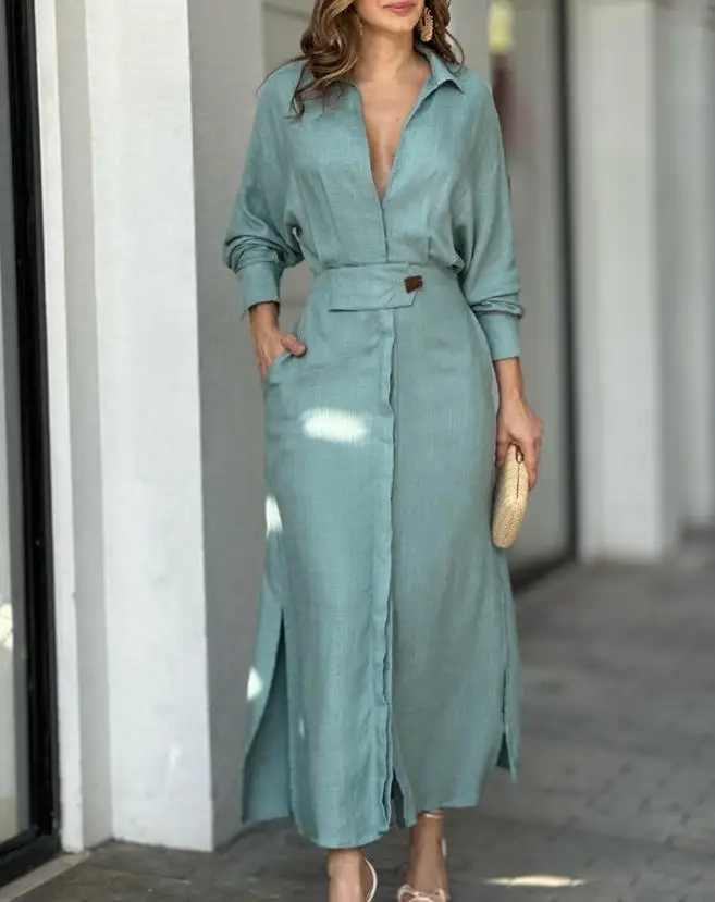 

Women's Dresses 2023 Spring Fashion Long Sleeve Pocket Design Side Slit Casual Turn-Down Collar Plain Daily Maxi Shirt Dress