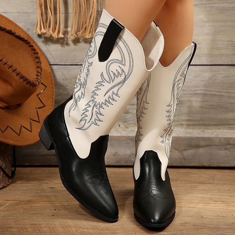 

Pointed Toe Embroidered Cowboy Boots Women V-Cut Western Mid Calf Boots Woman 2023 Autumn Thick Heels PU Leather Botas Plus Size