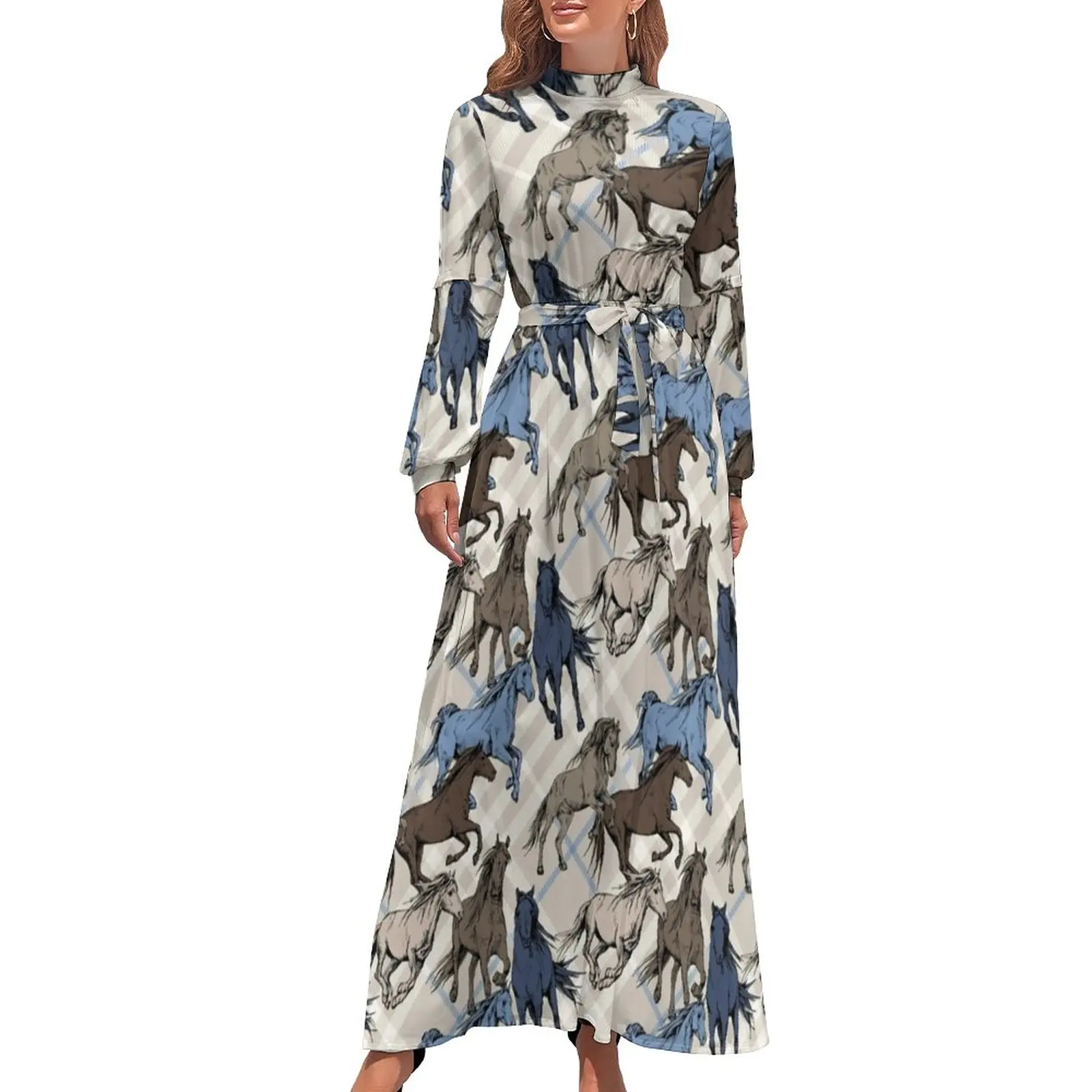 

Running Horse Dress Blue Gray Plaid Sexy Design Maxi Dress High Waist Long Sleeve Stylish Boho Beach Long Dresses