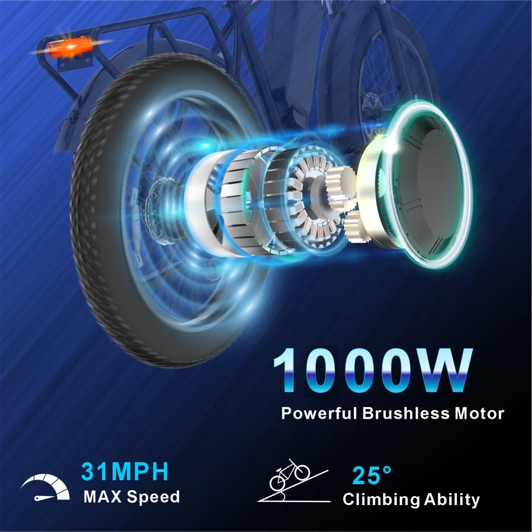 Electric Bicycle F26 1000W Motor 48V 15AH Removable Battery 26Inch Fat Tire Adult City Commuter Trail Bike Belt APP Beach EBIKE