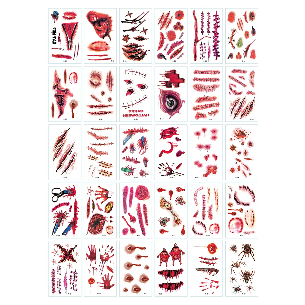 30Pcs Halloween Scary Tattoo Stickers Bloody Scars Pupil Organ Fake Tattoo Stickers Horror Trick Props Halloween Decoration
