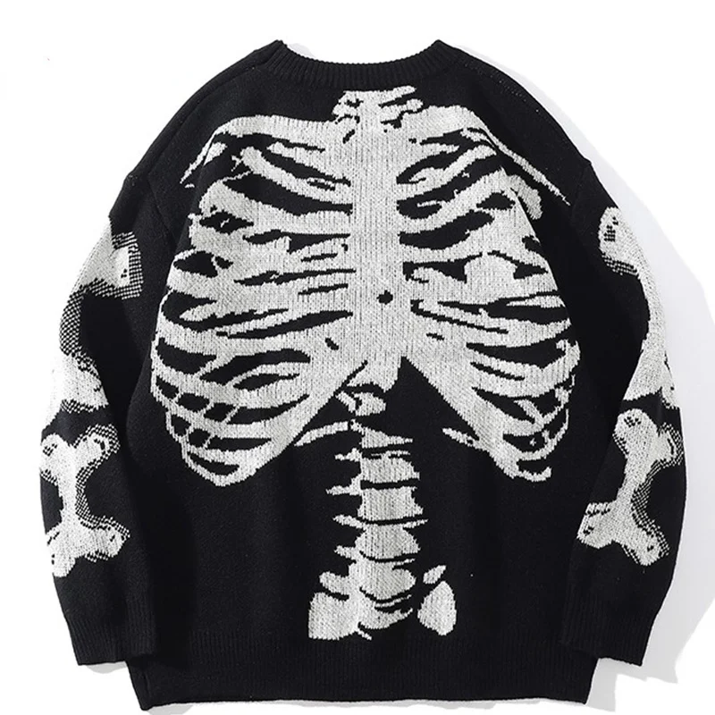 

Men Oversized Sweater Black Loose Skeleton Bone Print Women Vintage Retro Knitted Sweater Autumn Cotton Pullover Couples Unisex