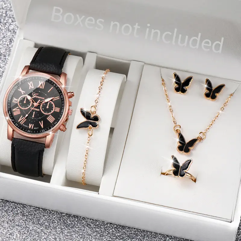 5/6PCS Fashion Women's Quartz Watch Leather Band Analog Wrist Watches Heart Rhinestone Jewelry Set(Without Box) - Image 6
