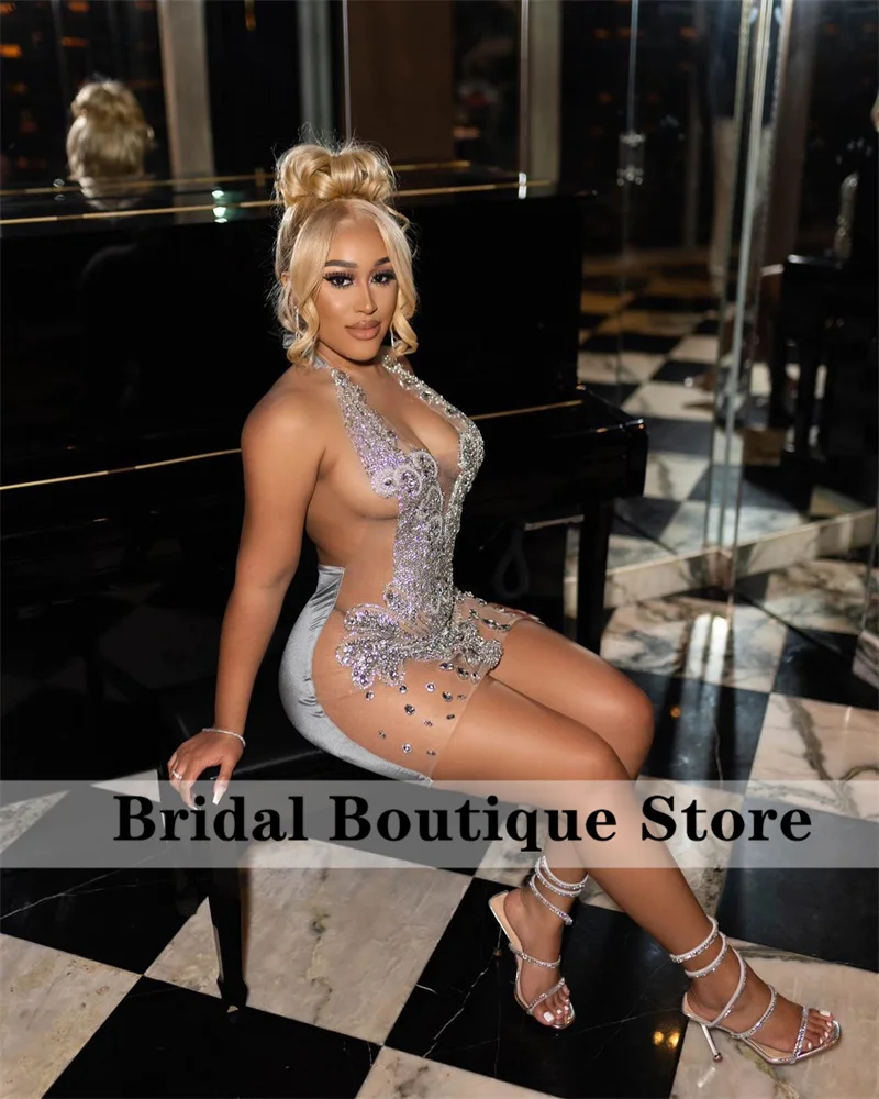 Sexy Sparkly Diamonds Short Prom Dress Glitter Crystals Rhinestone Beads Homecoming Birthday Party Dress Robe Customized