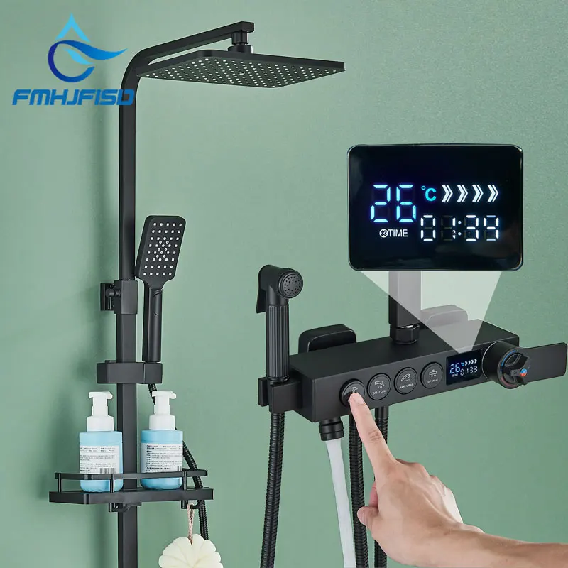 Thermostatic Bathroom Shower Faucet Set Smart Digital Display Mixer Tap Rainfall System With Shelf Bathtub Tap Bath Crane bathroom shower faucet set