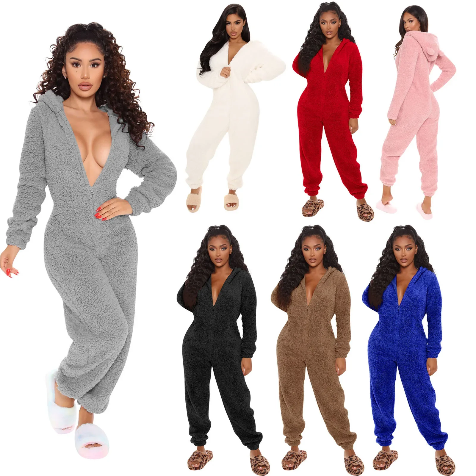 Newest Plus Size Hood Fleece Women Pajamas 5XL Fluffy Fleece Onesies Pyjamas Winter Warm Women Jumpsuit Sleepwear Overall