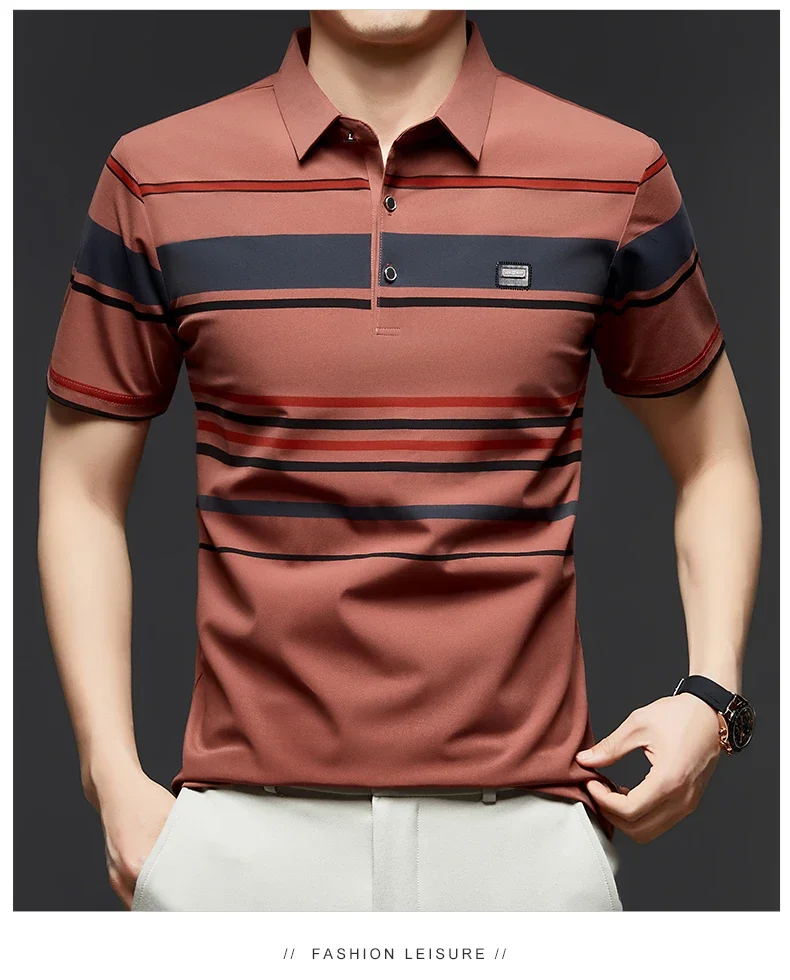 BROWON Brand 2025 Summer Shorts Polo Shirt Men Tshirt Luxury Wide Striped Lapel Collared Polo Shirt for Work Business Men 21 S04619e15a0fc40ab9750695b148f3e88F