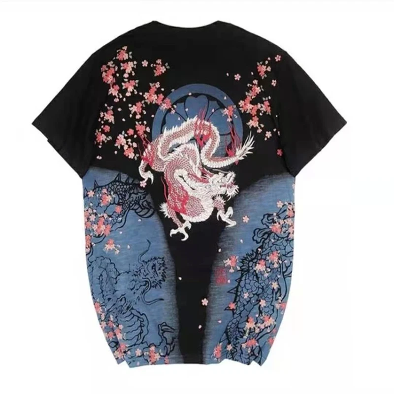 

Men's Short Sleeves Tops Tees Streetwear Chinese Style Black Dragon Embroidery T-shirt Summer Hip Hop Round Neck T-shirt