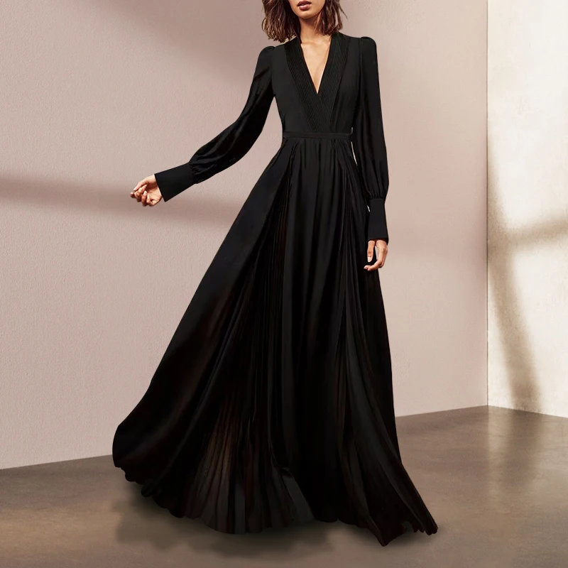 

High Quality Vintage V-neck Black Long Party Dress Women Luxury Elegant Long Sleeve Pleated Summer Dresses 2023 Vestidos