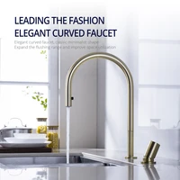 Brushed Gold Kitchen Faucet Invisible Pull Out Spray Mixer Double Hole Single Handle Solid Brass Hot and Cold Sink Tap 1