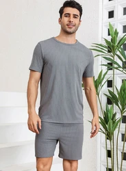 Men's Trendy Pajama Set - Solid Short Sleeve & Shorts in Breathable Lightweight Fabric - L (Grey)