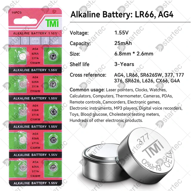 Piles Alcaline : AG4 LR66 LR626 377 1,5V 1,5 volt