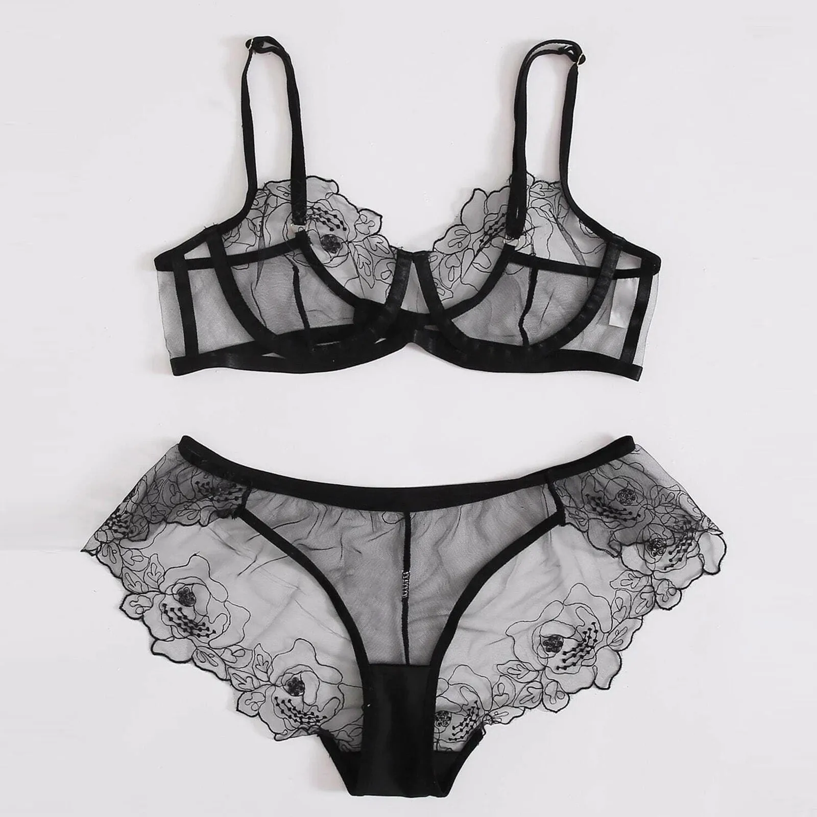 Ensemble de soutien-gorge Sexy broderie fleurs perspective dentelle maille surdimensionné lingerie ensemble de sous-vêtements femmes Bralette soutien-gorge Transparent_voghion.com