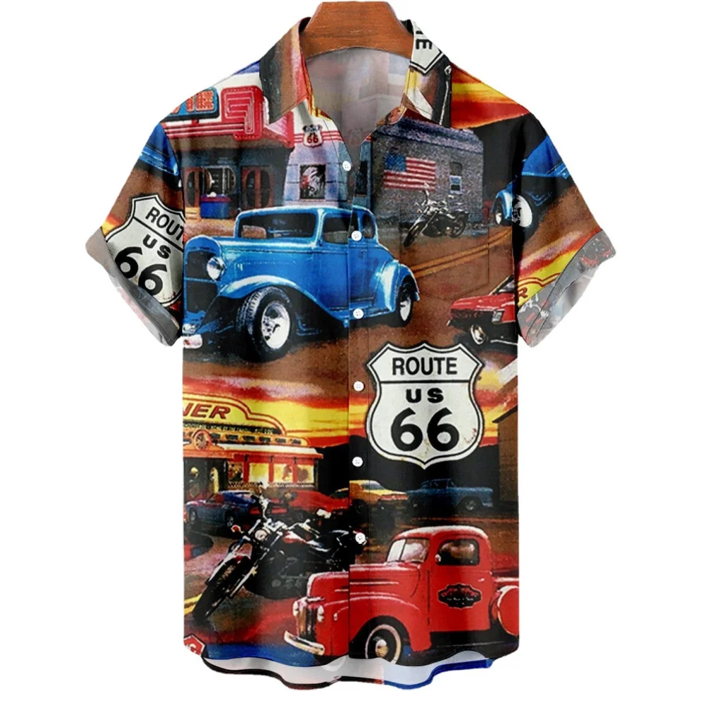 

Hawaiian New Men's Shirt Route 66 Street Classic 3d Printed Short Sleeve Tee Rock Music Lapel Plus Size Man Top Vintage Clothes