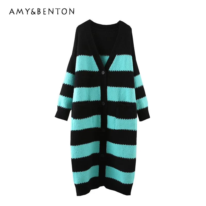

Autumn Warm Knitted Cardigan Below-the-Knee Coat Long V-neck Long Sleeve Striped Contrast Color Knitwewar Winter Clothes Women