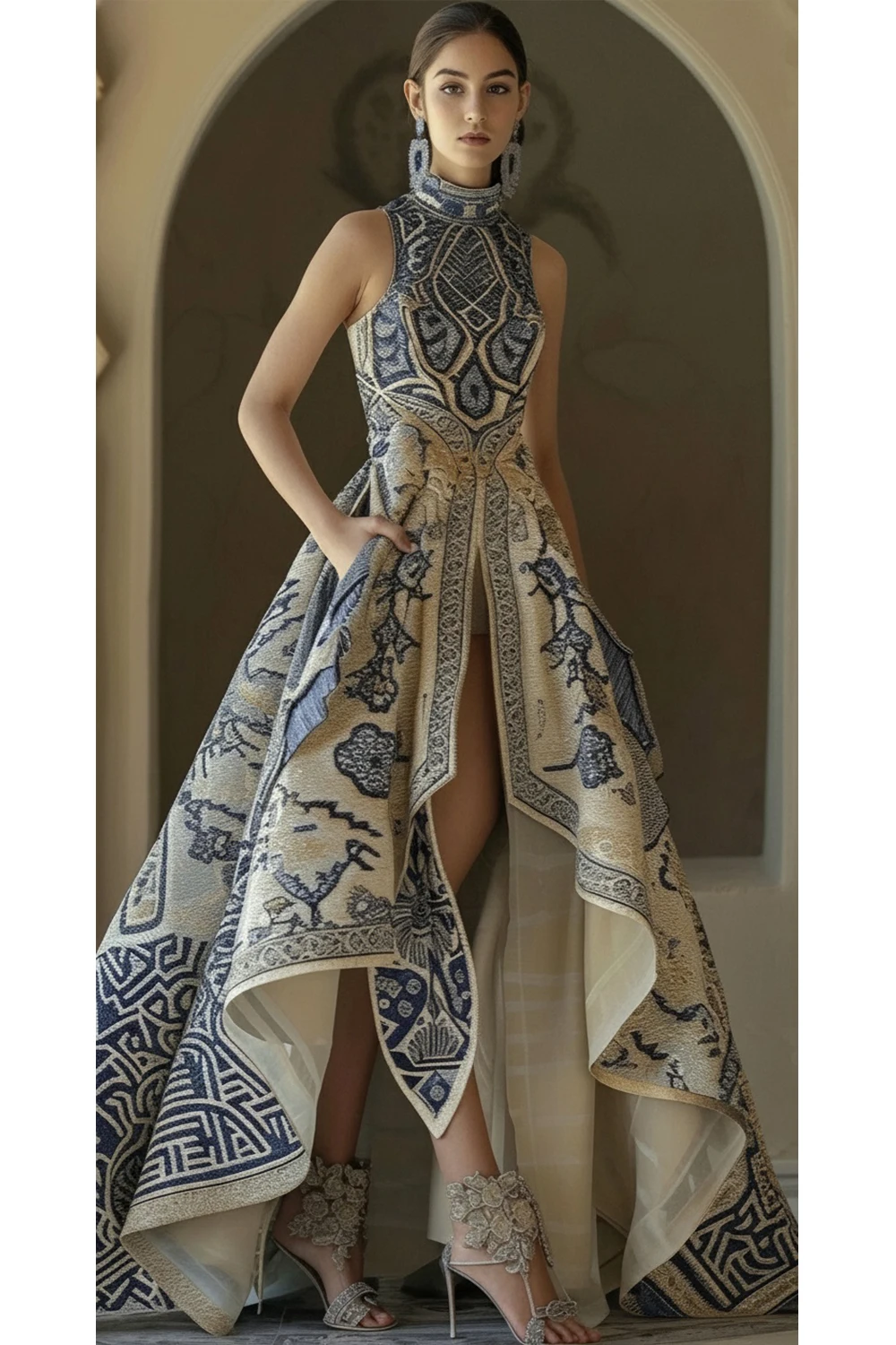 European Elegant Party Evening Formal Dress for Women's Low High Hem Pockets Floral Printed Wedding Guest Sleeveless Long Dress 1