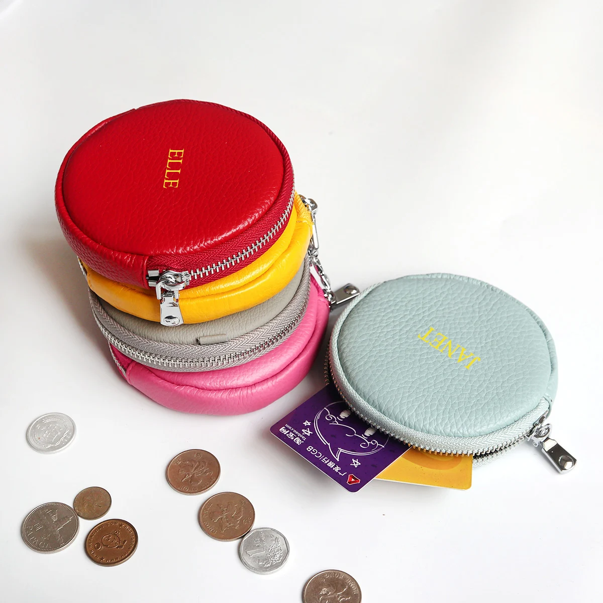 Genuine Leather Zip Round Coin Purse Custom Letters Gift