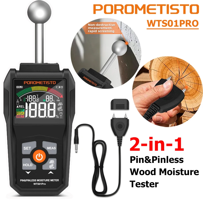 2-in-1 Digital Wood Moisture Meter Hygrometer Pin&Pinless Timber Damp Detector Alarm Auto Detect Humidity Tester Moisture Detect