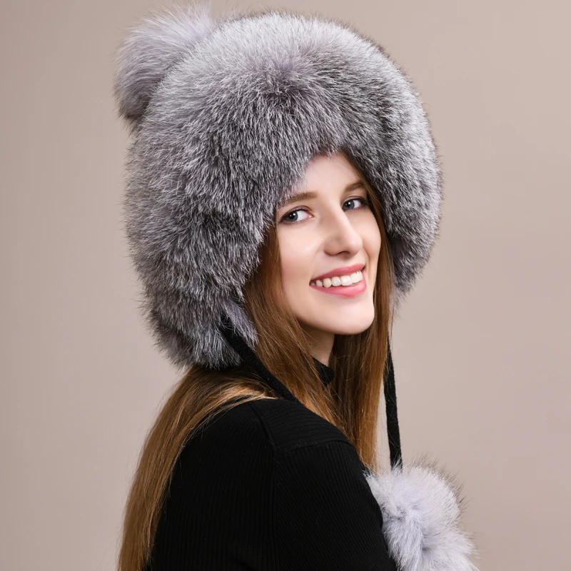 Hot Sale Women Natural Fox Fur Russian Ushanka Hats Winter Thick