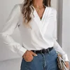 Slim V-Neck Long Sleeve White Blouse - Office Top
