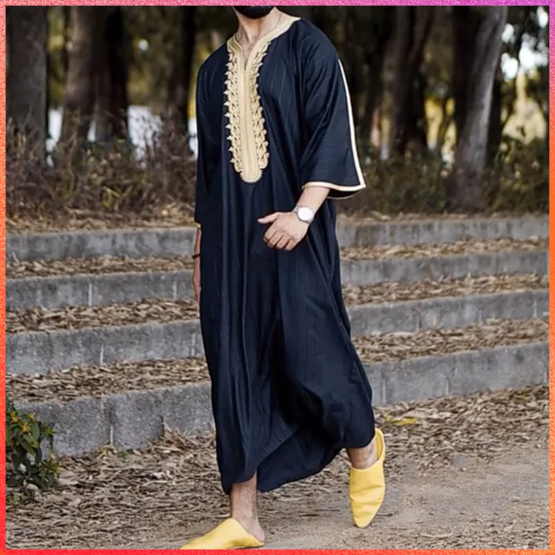 Men's 1PCS Long Black Muslim Clothing Dresses Abaya Mid Sleeve Arab Crew Neck Islamic Solid Color Kaftan Maxi Dubai