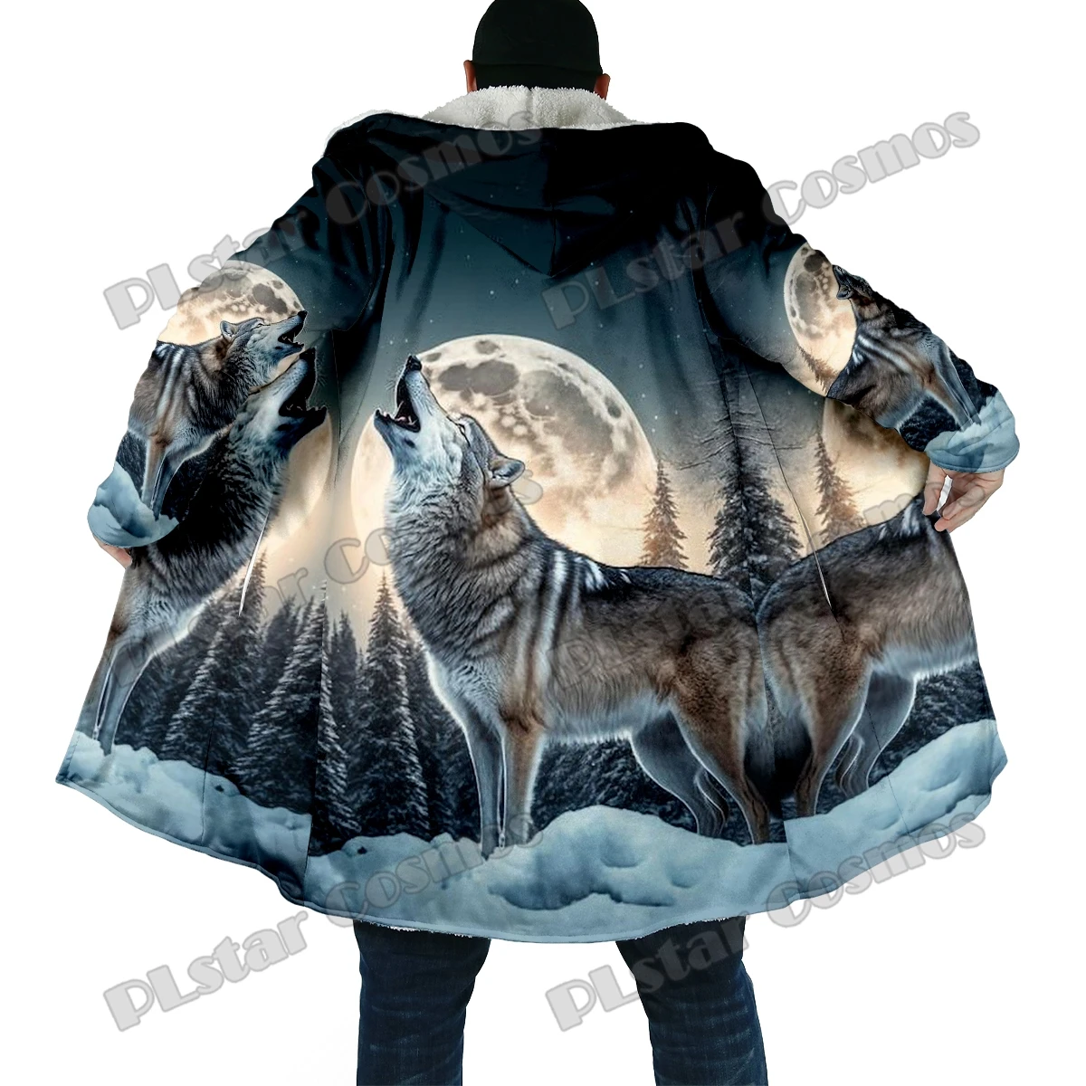 Winter Fashion Men's cloak Animal Wolf Pattern 3D All Over Printed Thick Fleece Hooded Cloak Unisex Casual Warm Cape Coat DP54
