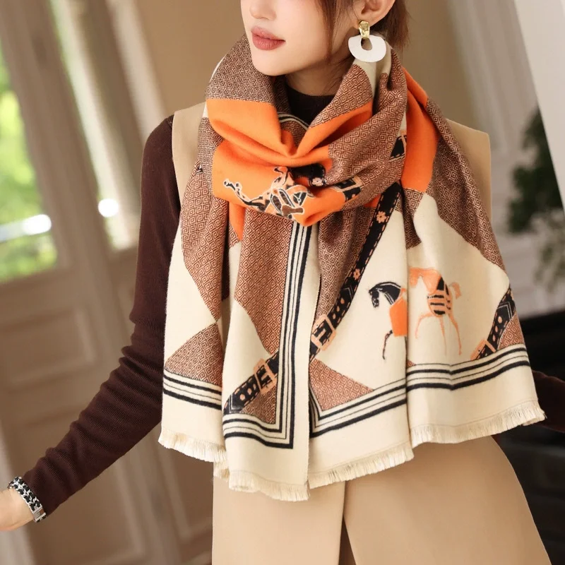 

Winter Cashmere Scarf Women Luxury Horse Print Female Shawl Wrap Scarves Lady Thick Warm Blanket Gift Echarpe Pashmina