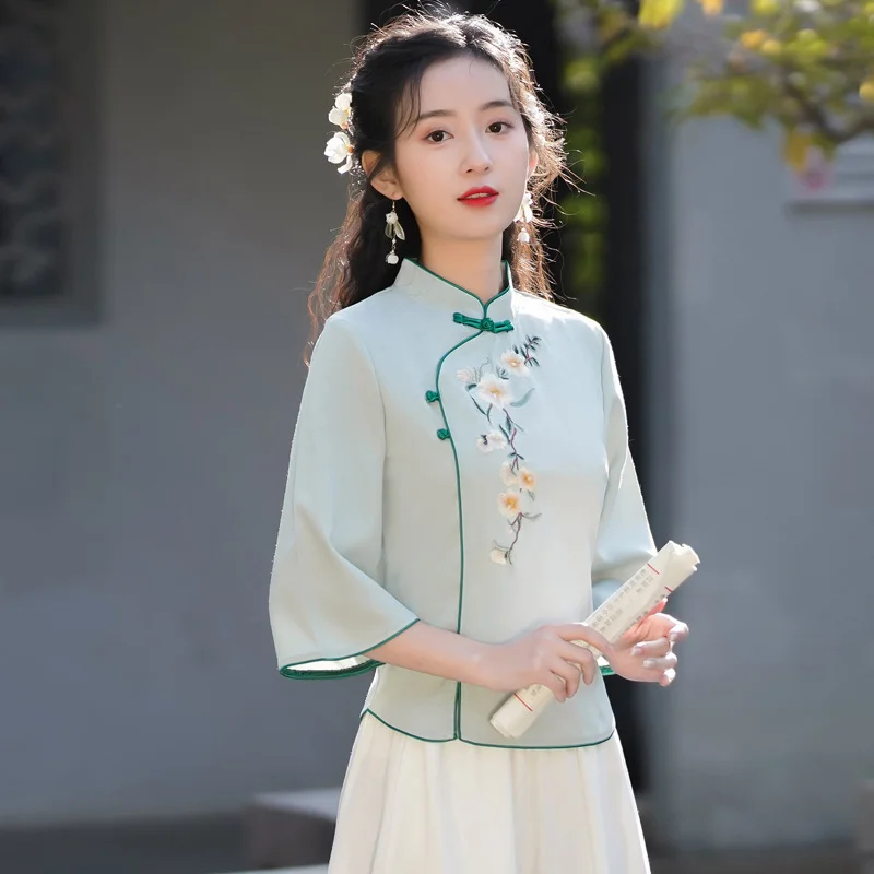 Fashion Women's Plus Size Hanfu Tops Spring Cotton Blend Embroidery Chinese Style Retro Qipao Girls