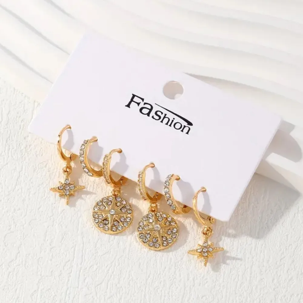 3 Pairs/Set Golden Star Design Shiny Rhinestone Inlaid Dangle Earring for Women Eleagnt Luxury Female Jewelry Gifts