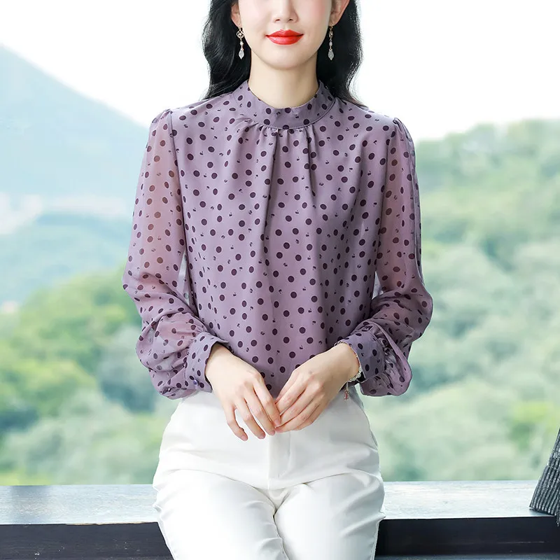 المرأة الكورية نمط عارضة البولكا نقطة الشيفون بلوز...