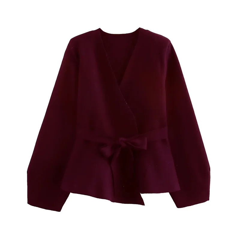 Vintage Lace Up Knit V-neck Jacket Women Solid Full Sleeve Loose Cardigan Top New 2025 Spring Elegant Lady High Street Outwear