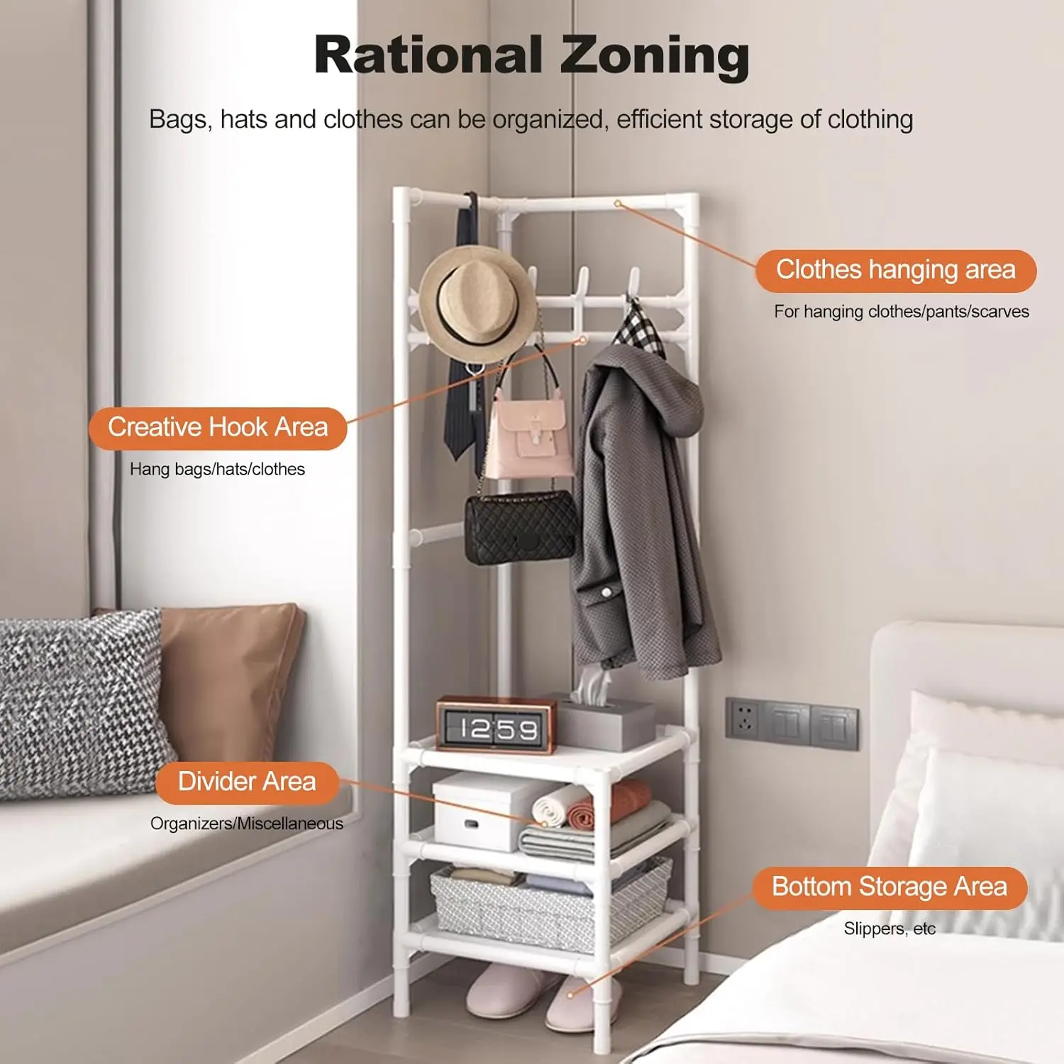 multifunctional coat stand. Divided into different positions,high-efficiency storage. Suitable for placing bags,clothes, scarves