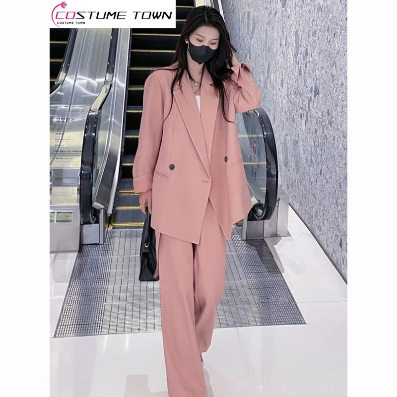 Advanced Design Pink Suit Set Women's Spring Style Suit Coat High Waist Straight Leg Pants Temperament Slim Two Piece Set pink jeans women summer all match high waist bright color loose leg pants casual wide cotton soft straight solid luxury tide 023