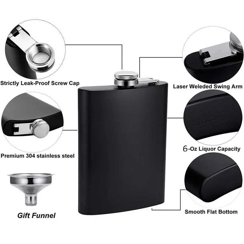 6oz Matte Black Hip Flask With Funnel Pocket Hip Flask Stainless Steel Leak-Proof Alcohol Whiskey Wine Pot Hip Flask Drinkware