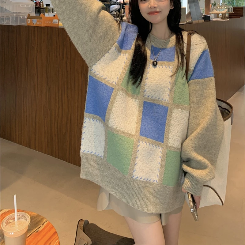 

2022 New Spring Autumn Loose Thickened Contrast Checked Pullover Round Neck Long Sleeve Pullover Wool Sweaters for Women