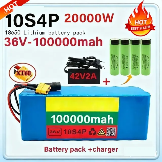 Batterie au lithium 10S4P 36V 100000mAh pour scooter électrique, pack de batteries 18650 + chargeur gratuit 1