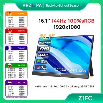 ARZOPA 16,1 pollici 144 Hz 100% sRGB 1080P FHD IPS Monitor portatile Secondo schermo esterno per laptop/PC/PS5/Mac/Xbox Z1FC 1
