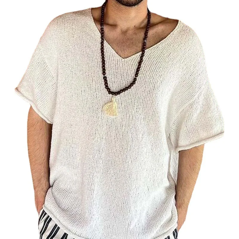 

2023 Men's Summer Knitted T Shirt Solid Short Sleeve V Neck Casual Pullover Mens Leisure Crochet Knitted Tops Camisa
