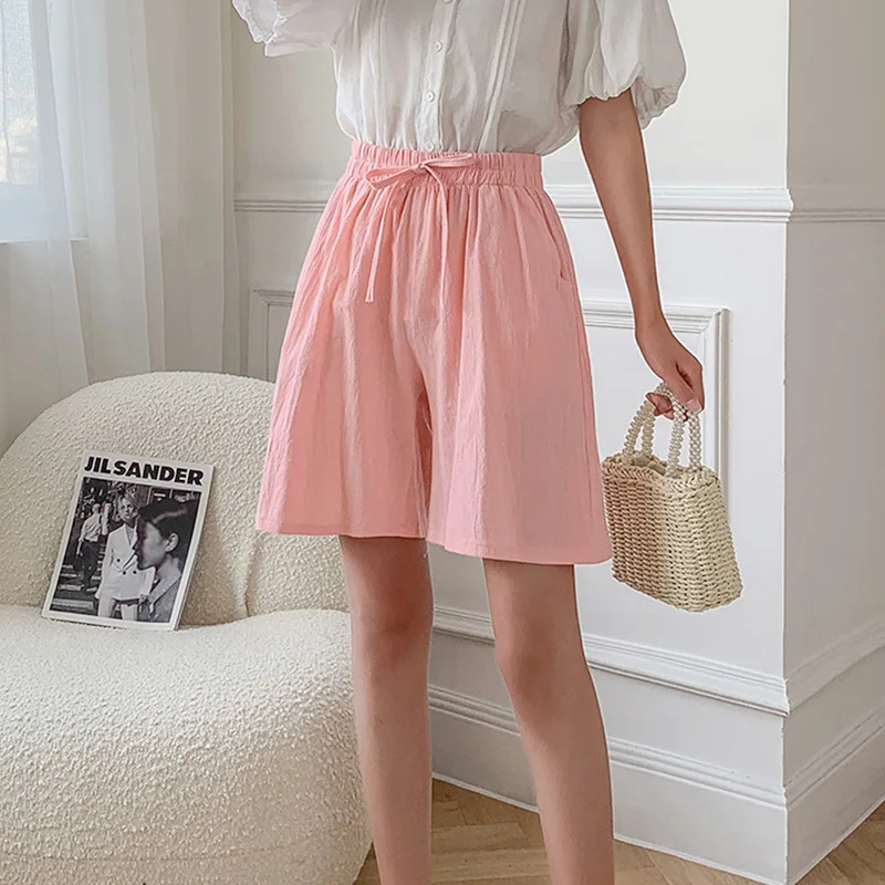 Women Summer Cotton Linen Shorts Casual Solid Basic Shorts Two Pockets Drawstring Elastic High Waist Loose Knee Length Shorts