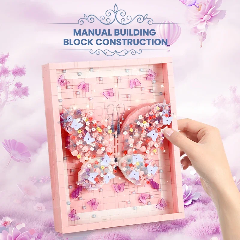 Butterfly Model Assemblage Building Blocks Moc Fantasy Picture Frame Display Stand Ornaments Home Deco Kids Toys Gifts for Girls