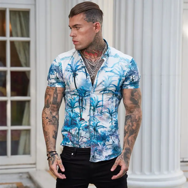 3D digital printing palm tree fashion men's top street clothing outdoor short sleeved shirt Hawaii beach casual men's shirt