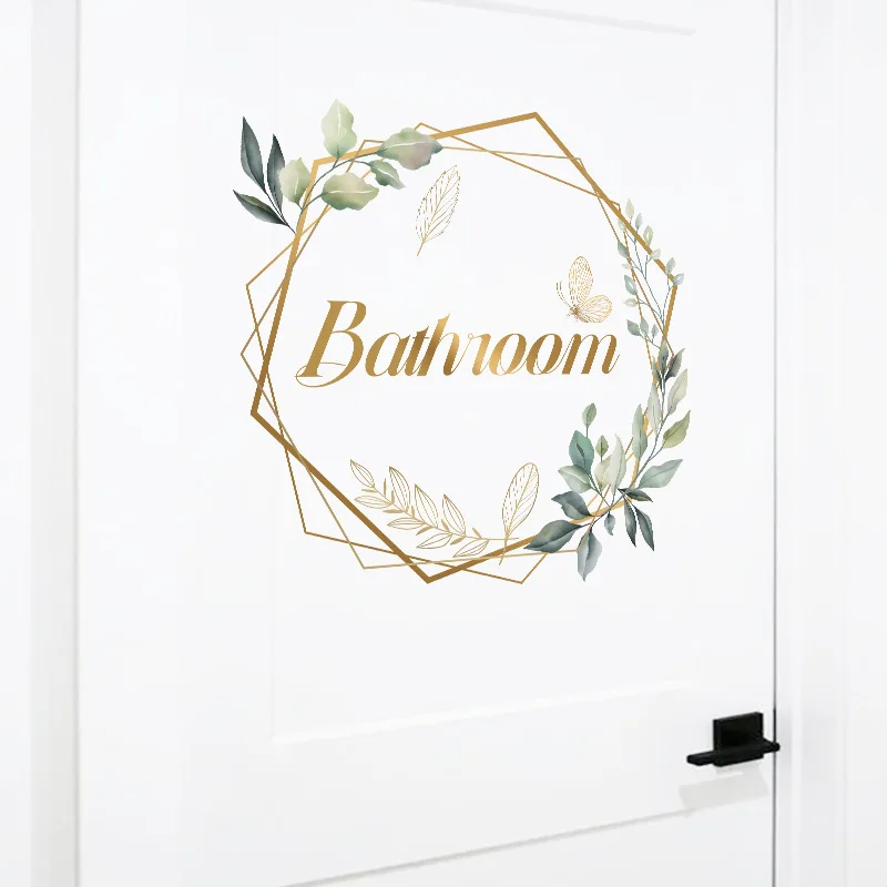 Green Plant Toilet Door Sticker Golden Letter Removable Self-adhesive Waterproof PVC Bathroom Decoration Decal Home Supplies