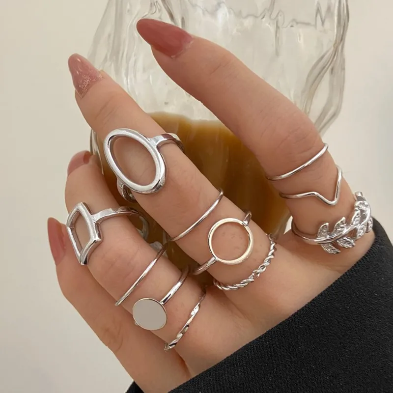 11pcs/set Creative Geometric Leaves Open Rings for Women Geometric Trendy Ring Party Jewelry Accessories Wholesale