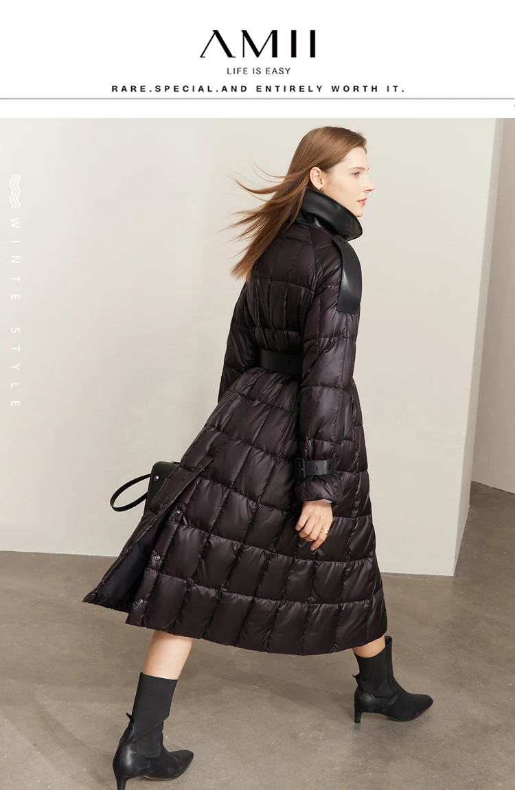 AMII Minimalism Down Jacket Women 2022 Winter New Commuter Fashion Belt Design Solid Warm Antistatic Long Clothing Tops 12241180