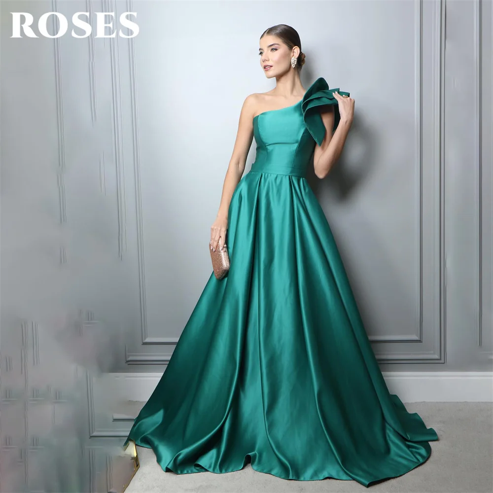 

ROSES Drak Green Stain Evening Gown Elegant One Shoulder Prom Dress A Line Wedding Evening Dress With Ruched robes de soirée