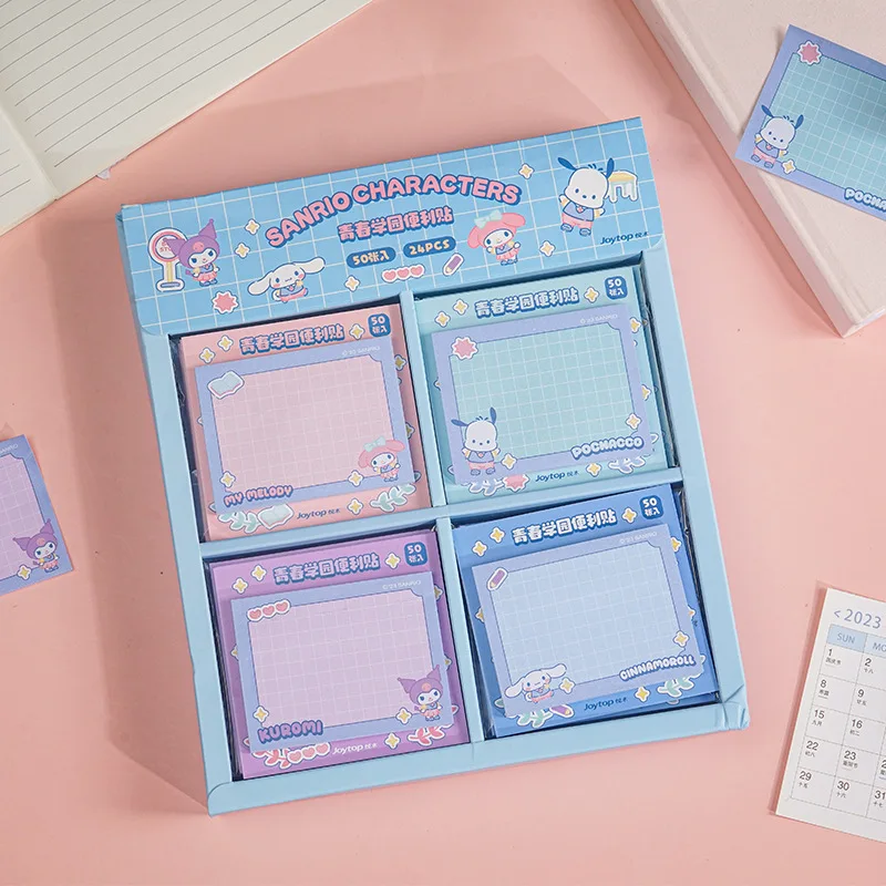 

24 шт./партия Sanrio Kuromi Melody, блокнот для записей, симпатичная клейкая лента в виде коричного дерева, канцелярские принадлежности, этикетка, блокнот, планировщик, наклейка, товары для почты и школы