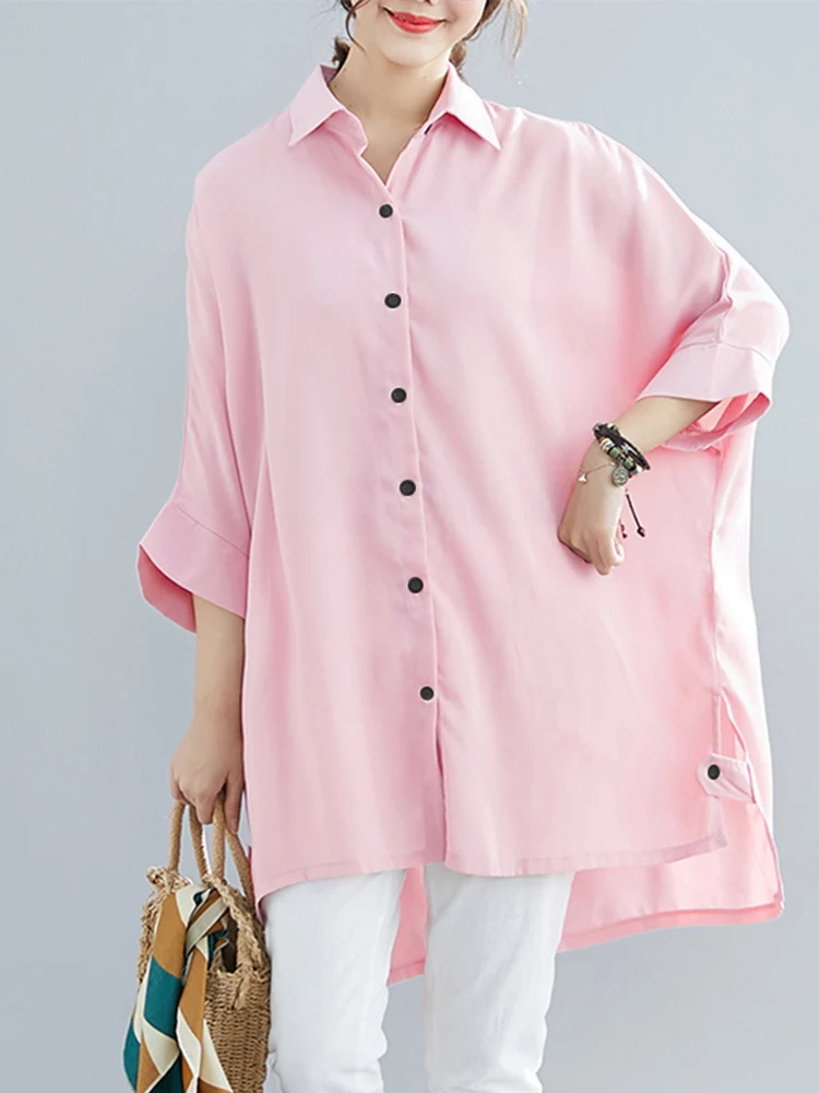 

ZANZEA Summer Solid Long Tops Women Asymmetrical Blouse Elegant Lapel Neck Bat Sleeve Tunic Shirt Casual Loose Buttons Blusas