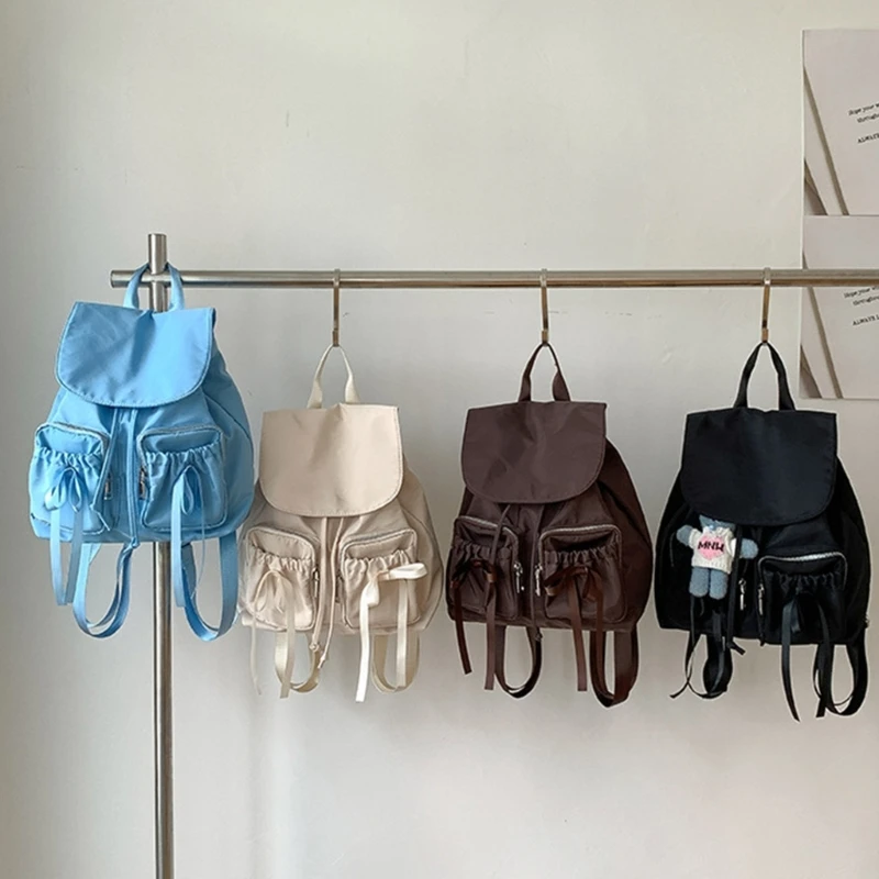 Women Girls Bowknot Double Pockets Shoulder Bag Korean Casual Solid Color Backpack Large Capacity Travel Shool Bag