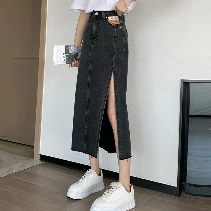 brown skirt Summer 2022 New Women's Long Denim Skirt Vintage High Wasit Jeans Skirt Female Straight Side Split A-line Pencil Skirts white skirt