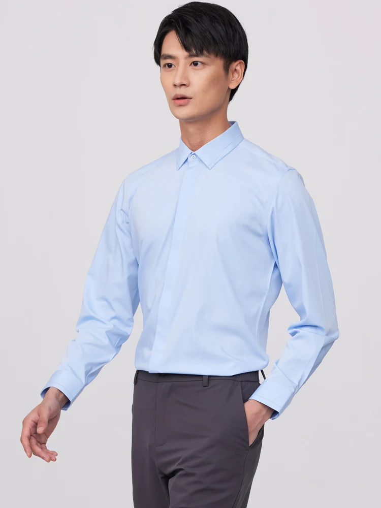 Men's Long Sleeve Casual Slight Strech Basic Shirt Without Pocket Front Hidden Buttons Placket Comfortable Slim-fit Dress Shirts